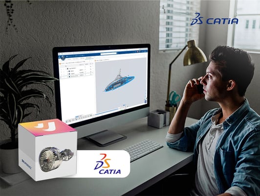 Person working on CATIA 3D CAD model with product box