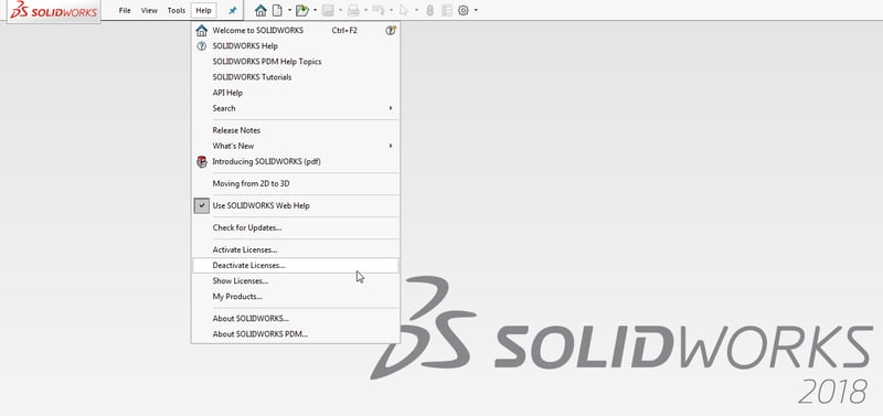 Menu optie om een SOLIDWORKS licentie te deactiveren