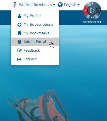 Menu pad om naar de Admin Portal te gaan in SOLIDWORKS