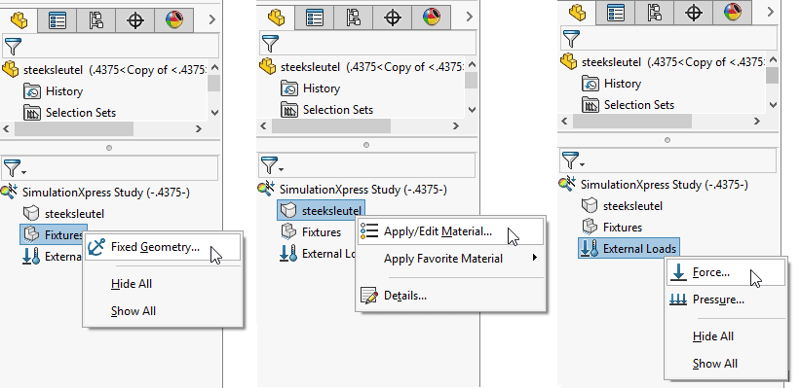SOLIDWORKS SimulationXpress Feature Tree