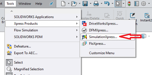 Xpress Products in SOLIDWORKS menu