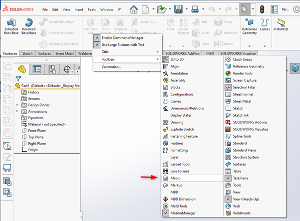 selecteer macro toolbar