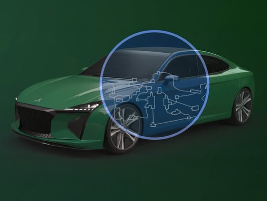 Green car showing internal electrical CATIA design 